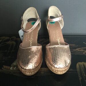 Rose Gold Espadrille Wedge Heels with Strap